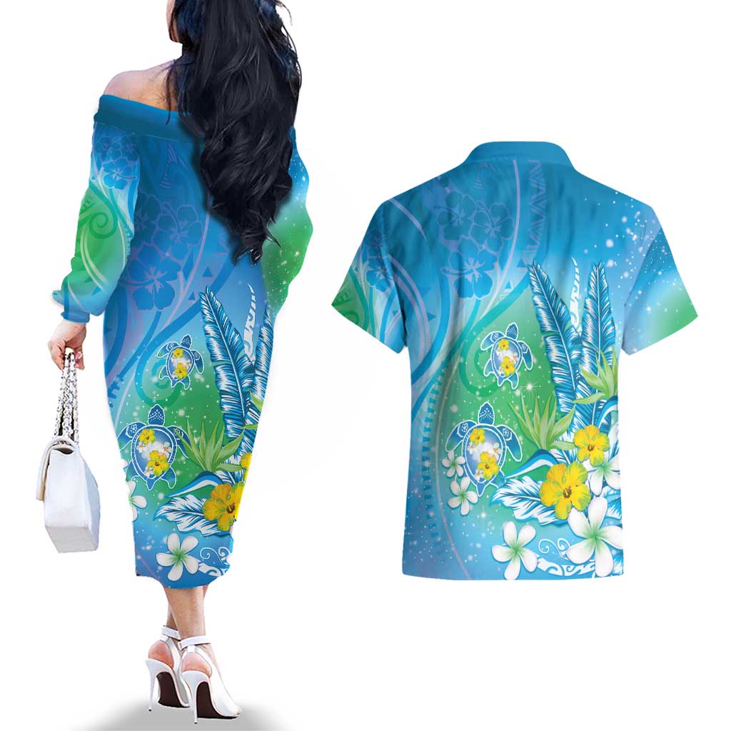 Hawaii Honu Couples Matching Off The Shoulder Long Sleeve Dress and Hawaiian Shirt Tropical Flowers Blue Gradient