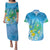 Hawaii Honu Couples Matching Puletasi and Hawaiian Shirt Tropical Flowers Blue Gradient