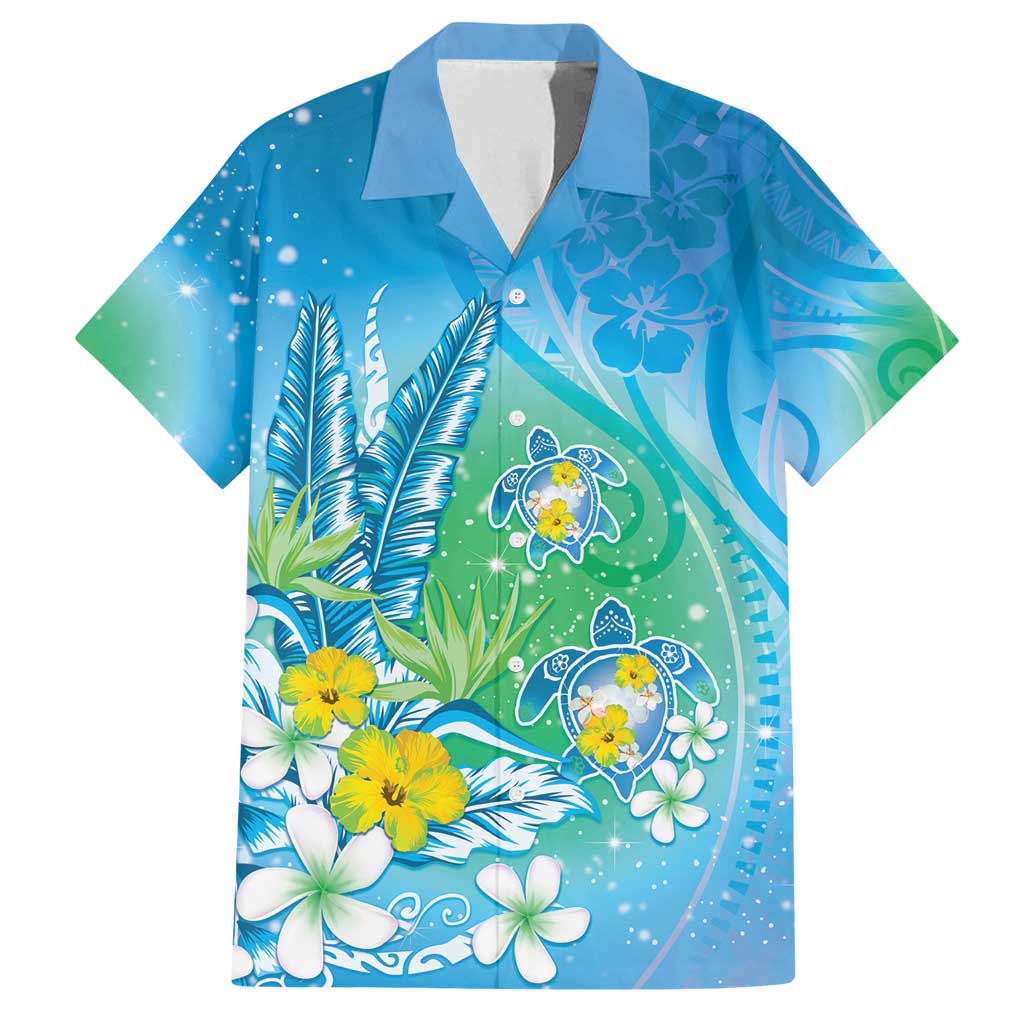 Hawaii Honu Family Matching Long Sleeve Bodycon Dress and Hawaiian Shirt Tropical Flowers Blue Gradient