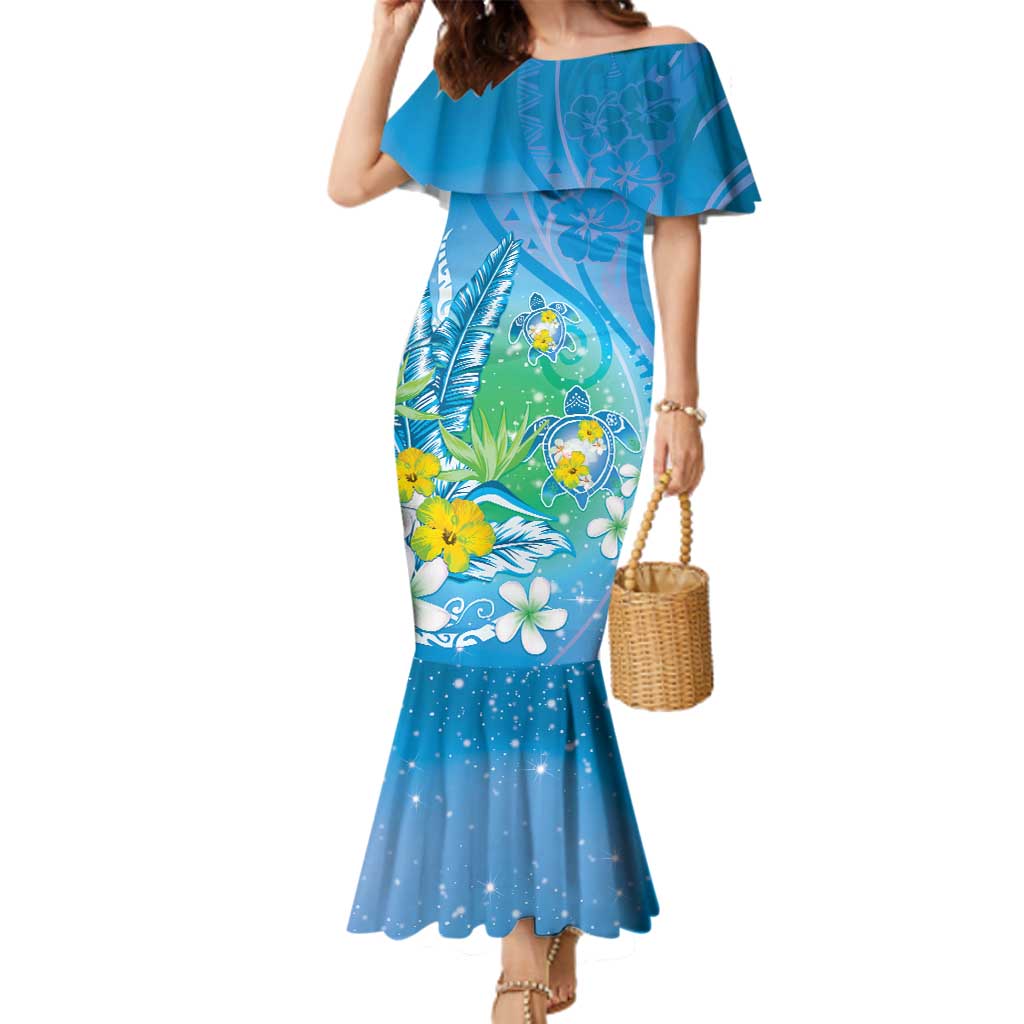 Hawaii Honu Family Matching Mermaid Dress and Hawaiian Shirt Tropical Flowers Blue Gradient