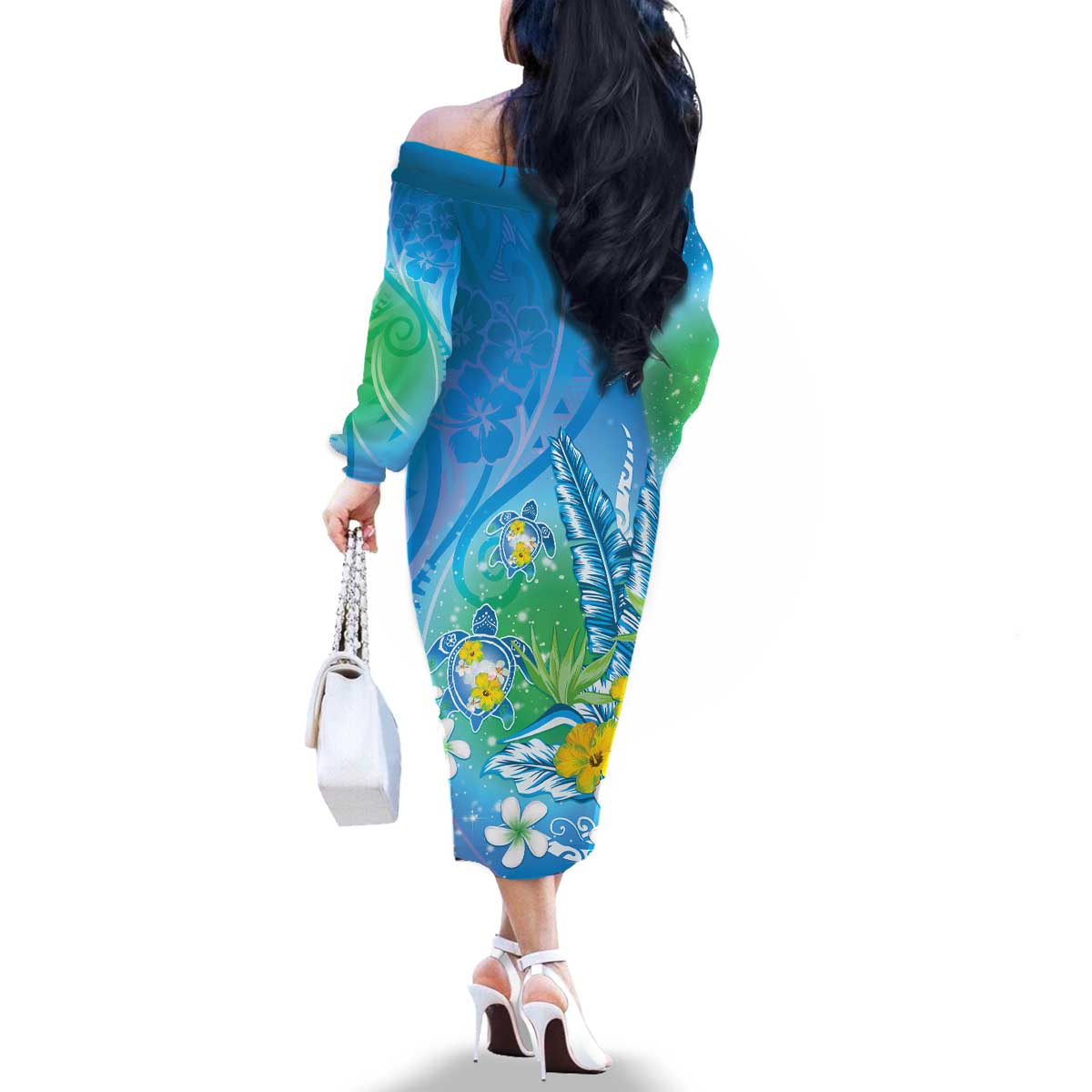 Hawaii Honu Family Matching Off The Shoulder Long Sleeve Dress and Hawaiian Shirt Tropical Flowers Blue Gradient