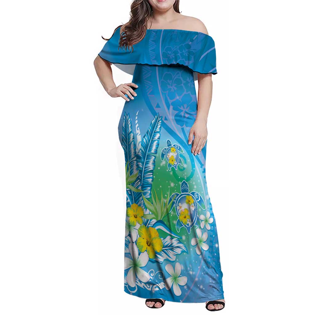 Hawaii Honu Family Matching Off Shoulder Maxi Dress and Hawaiian Shirt Tropical Flowers Blue Gradient Hawaii Honu Family Matching Off Shoulder Maxi Dress and Hawaiian Shirt Tropical Flowers Blue Gradient
