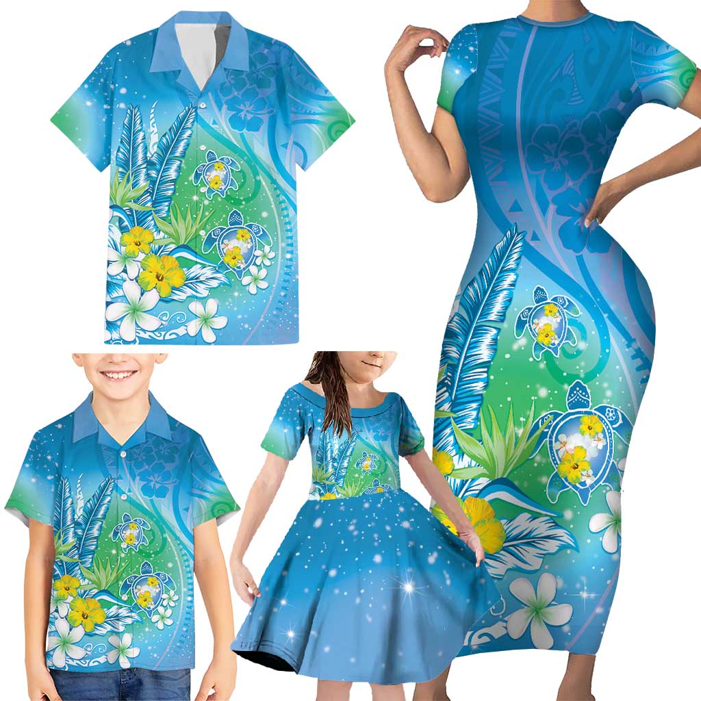 Hawaii Honu Family Matching Short Sleeve Bodycon Dress and Hawaiian Shirt Tropical Flowers Blue Gradient