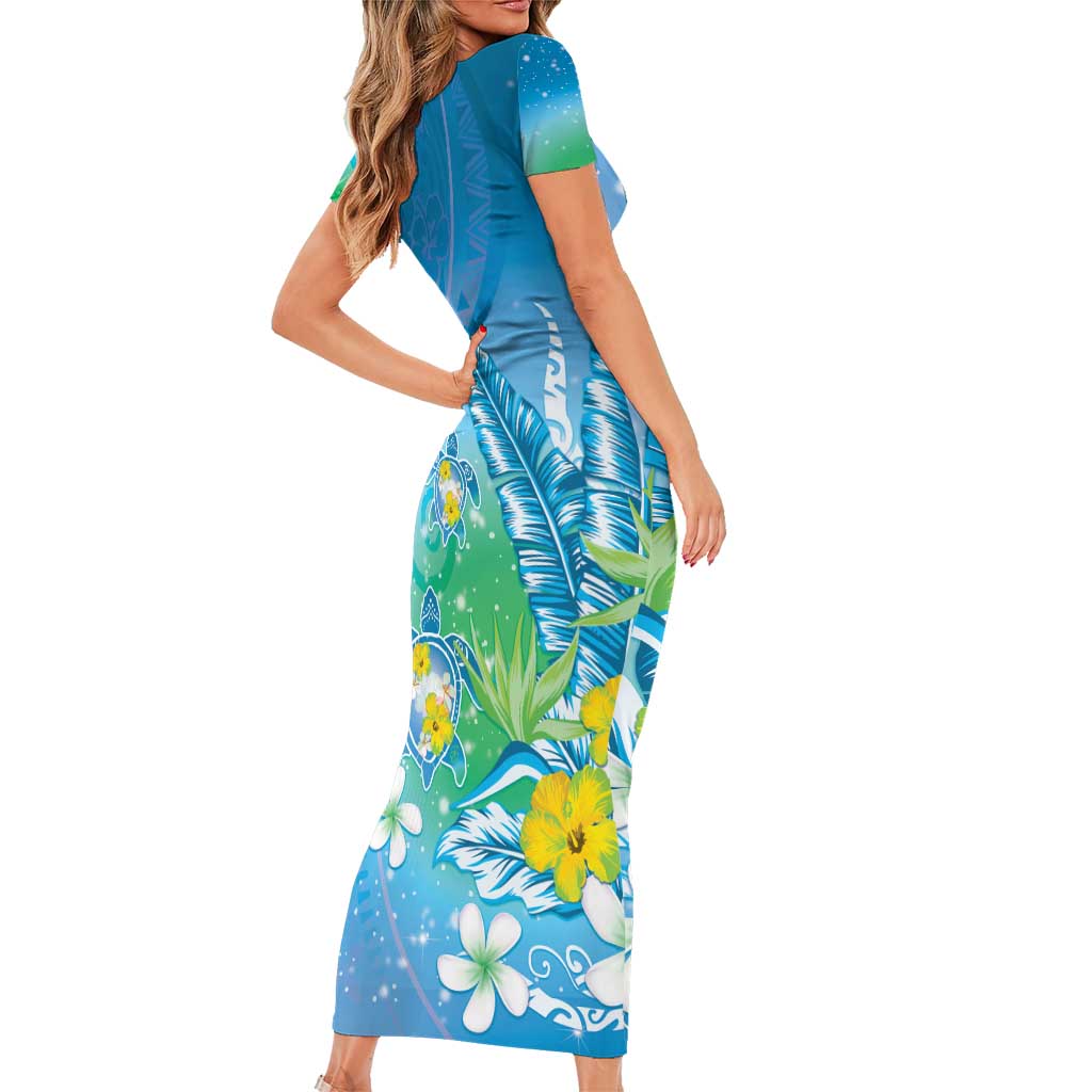 Hawaii Honu Family Matching Short Sleeve Bodycon Dress and Hawaiian Shirt Tropical Flowers Blue Gradient
