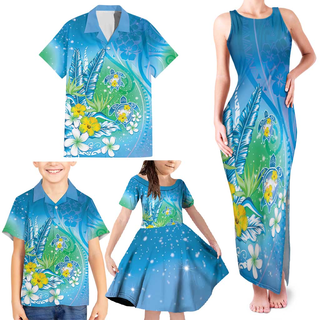 Hawaii Honu Family Matching Tank Maxi Dress and Hawaiian Shirt Tropical Flowers Blue Gradient