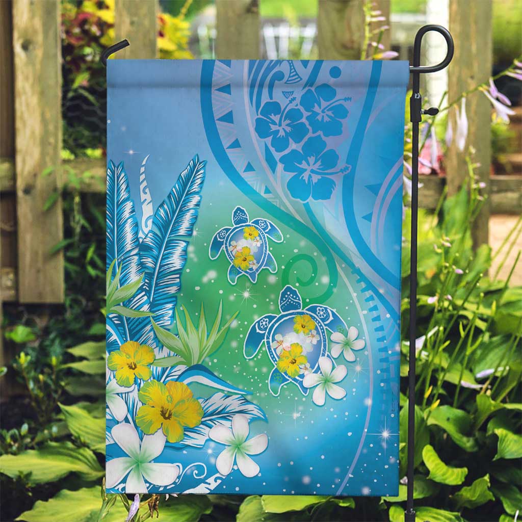 Hawaii Honu Garden Flag Tropical Flowers Blue Gradient