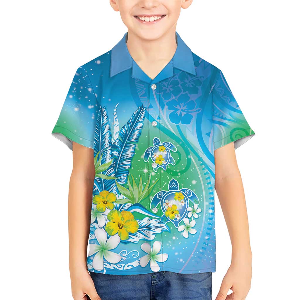 Hawaii Honu Kid Hawaiian Shirt Tropical Flowers Blue Gradient LT05 Kid Blue - Polynesian Pride