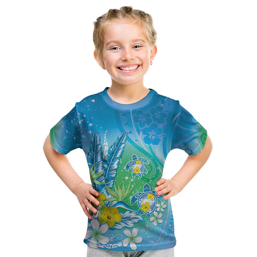 Hawaii Honu Kid T Shirt Tropical Flowers Blue Gradient LT05 Blue - Polynesian Pride