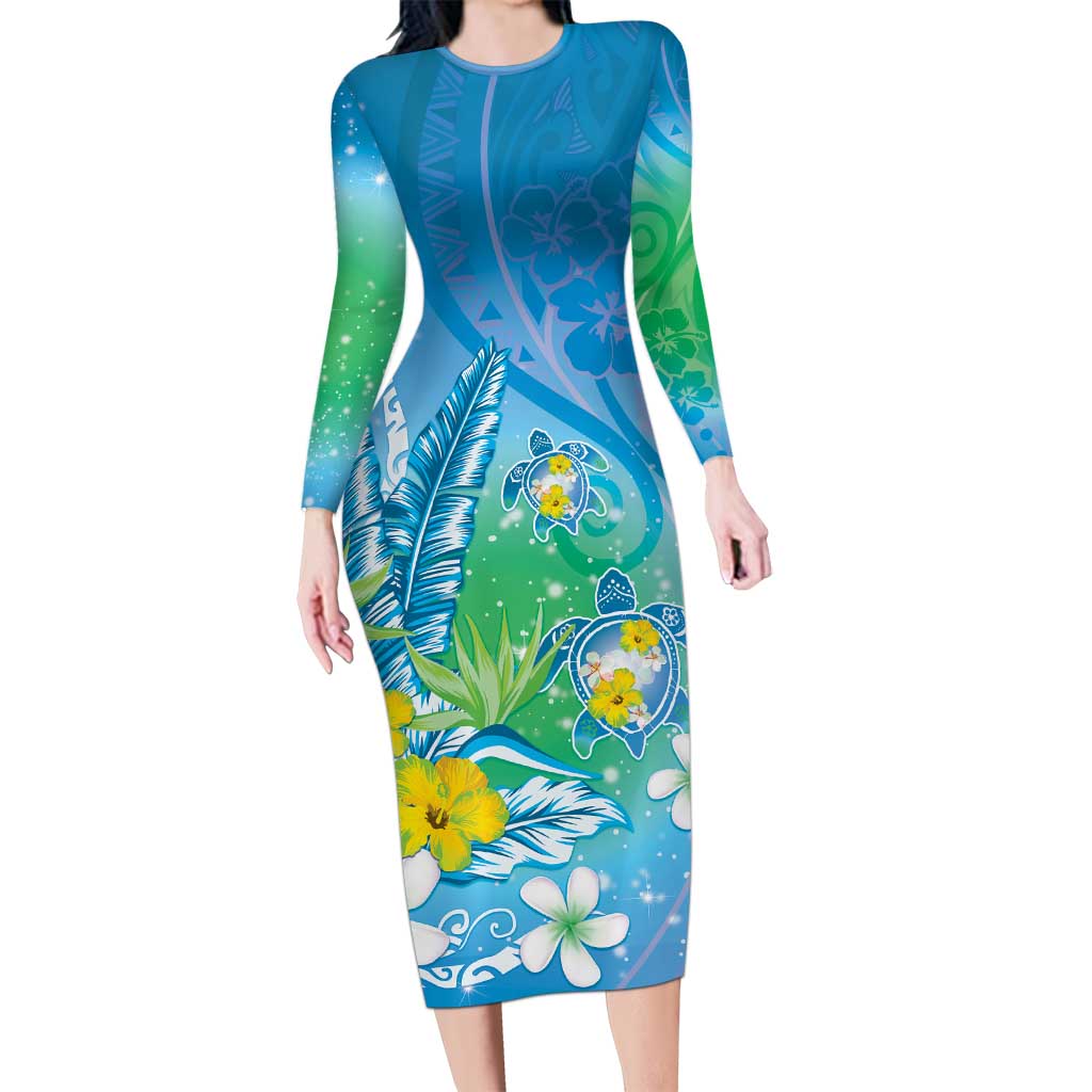 Hawaii Honu Long Sleeve Bodycon Dress Tropical Flowers Blue Gradient LT05 Long Dress Blue - Polynesian Pride