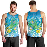 Hawaii Honu Men Tank Top Tropical Flowers Blue Gradient