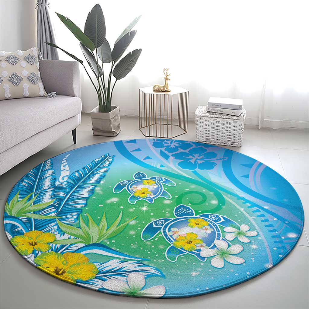 Hawaii Honu Round Carpet Tropical Flowers Blue Gradient LT05 - Polynesian Pride