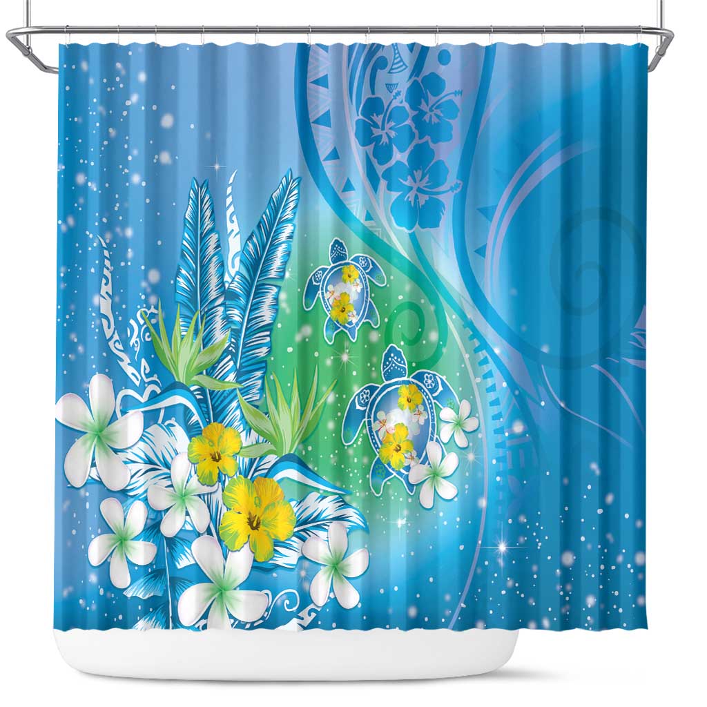 Hawaii Honu Shower Curtain Tropical Flowers Blue Gradient LT05 Blue - Polynesian Pride
