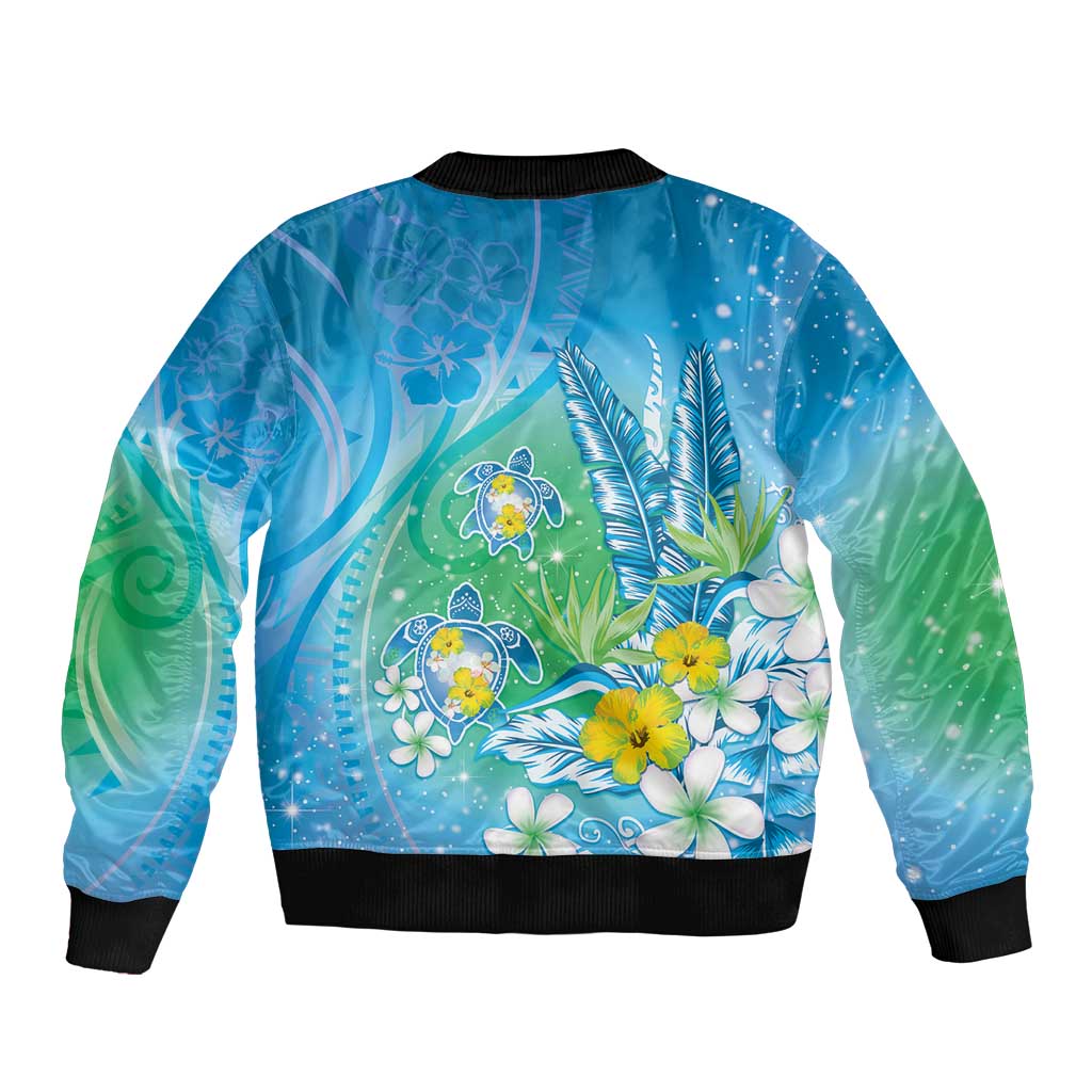 Hawaii Honu Sleeve Zip Bomber Jacket Tropical Flowers Blue Gradient