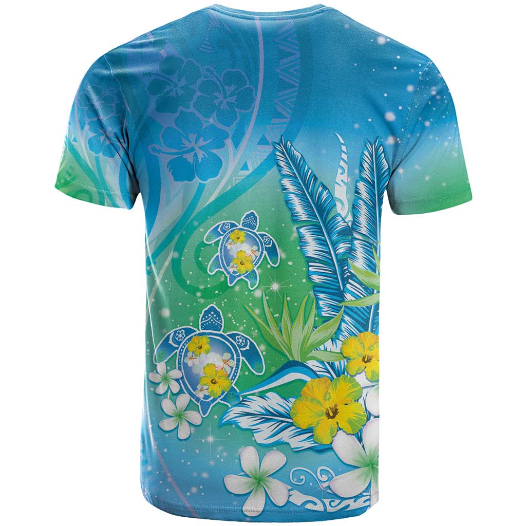 Hawaii Honu T Shirt Tropical Flowers Blue Gradient