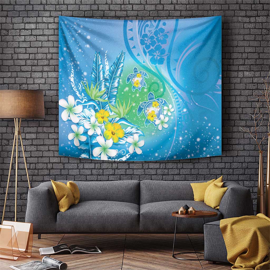 Hawaii Honu Tapestry Tropical Flowers Blue Gradient LT05 Blue - Polynesian Pride