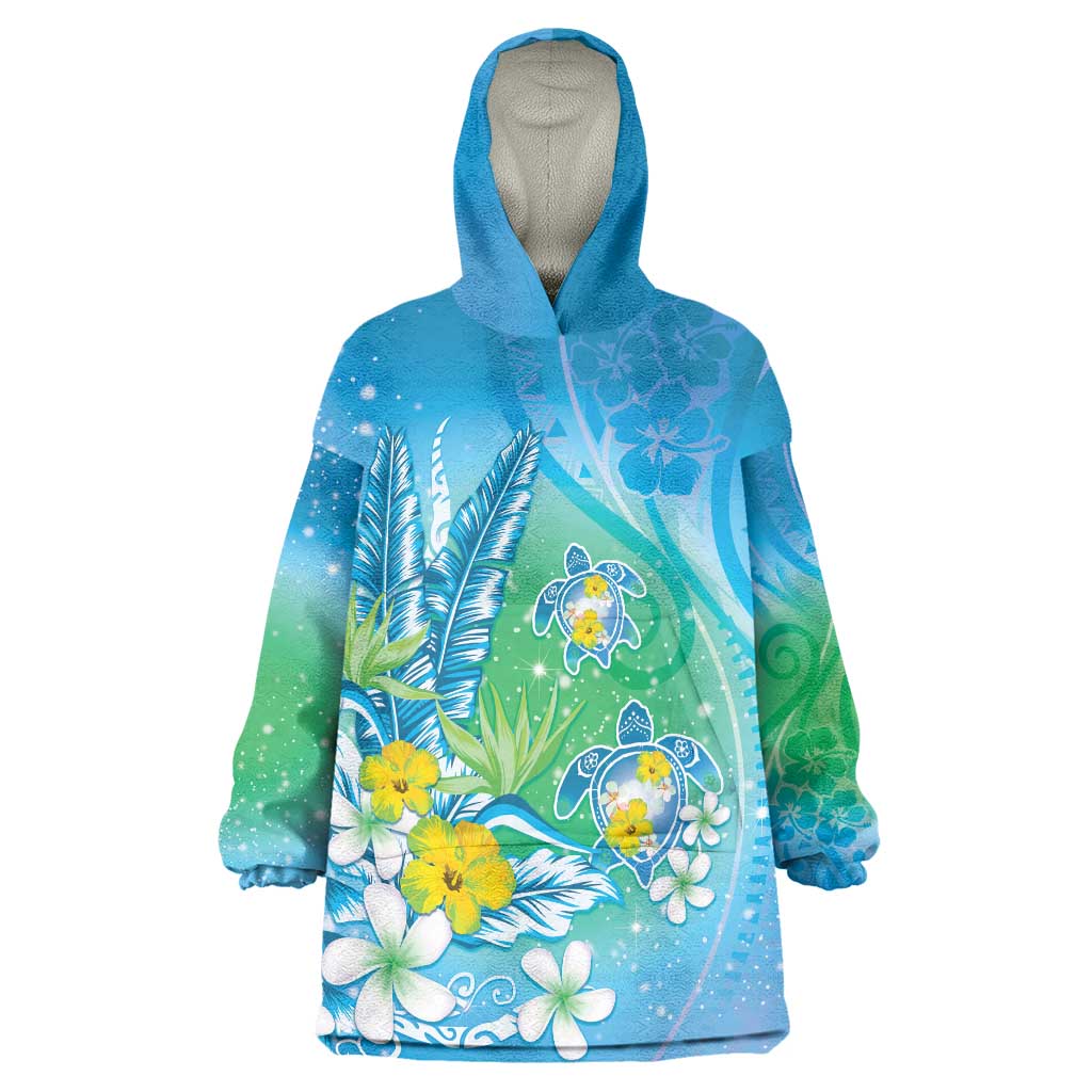 Hawaii Honu Wearable Blanket Hoodie Tropical Flowers Blue Gradient LT05 One Size Blue - Polynesian Pride
