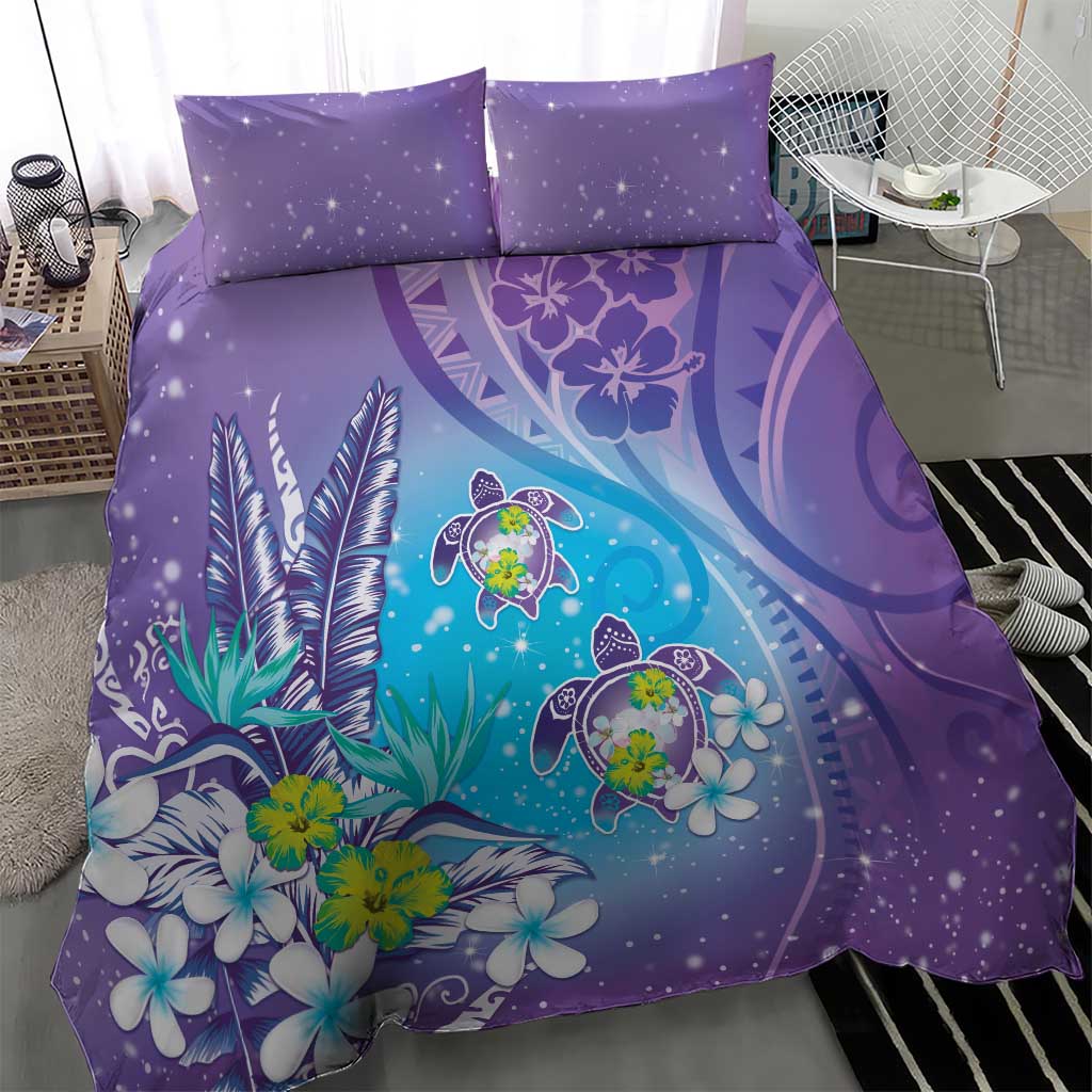 Hawaii Honu Bedding Set Tropical Flowers Purple Gradient