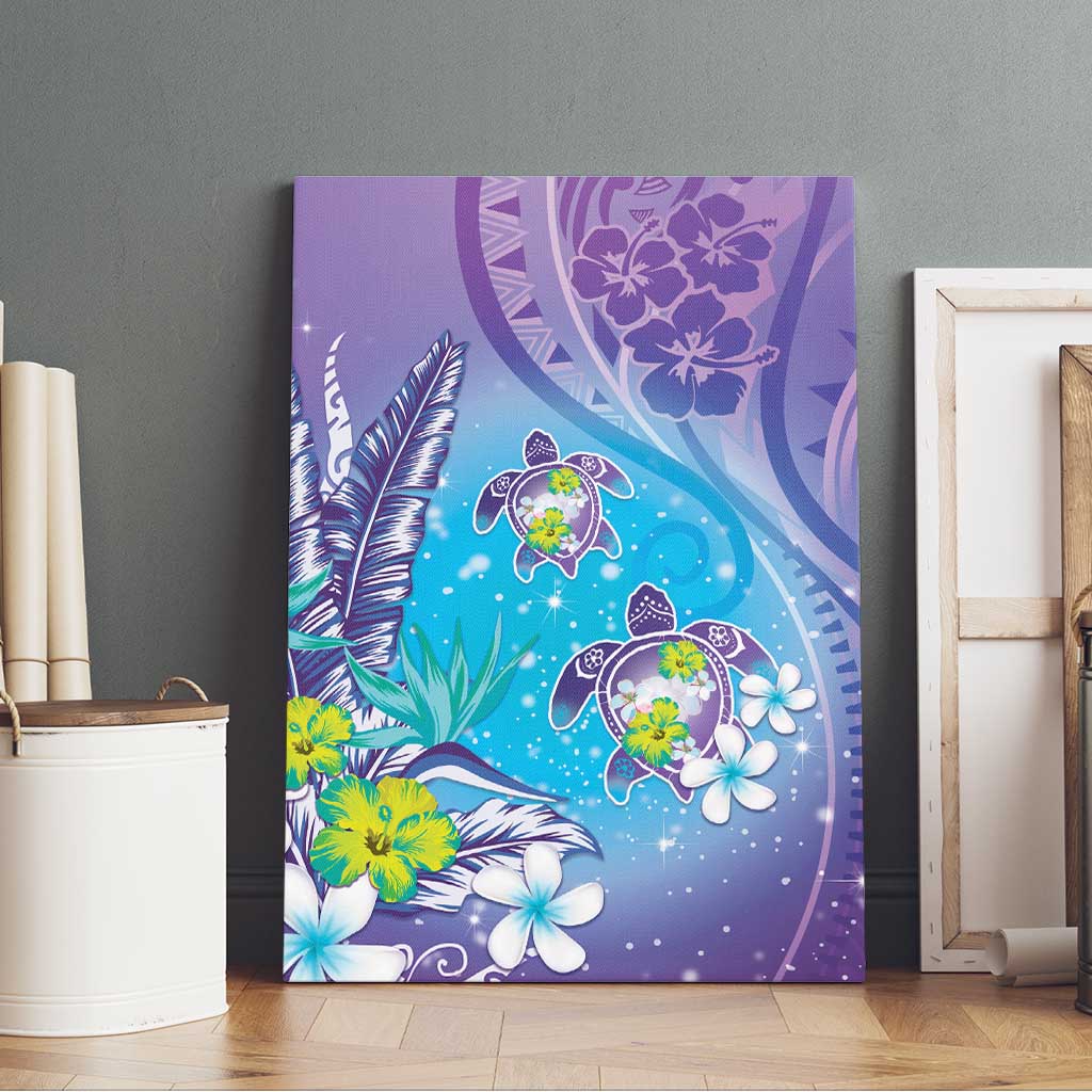 Hawaii Honu Canvas Wall Art Tropical Flowers Purple Gradient