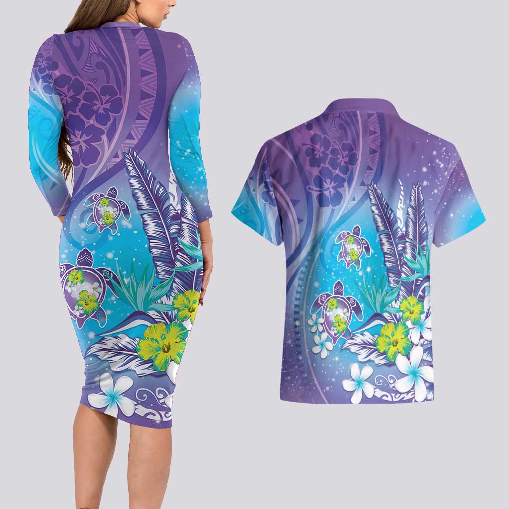 Hawaii Honu Couples Matching Long Sleeve Bodycon Dress and Hawaiian Shirt Tropical Flowers Purple Gradient
