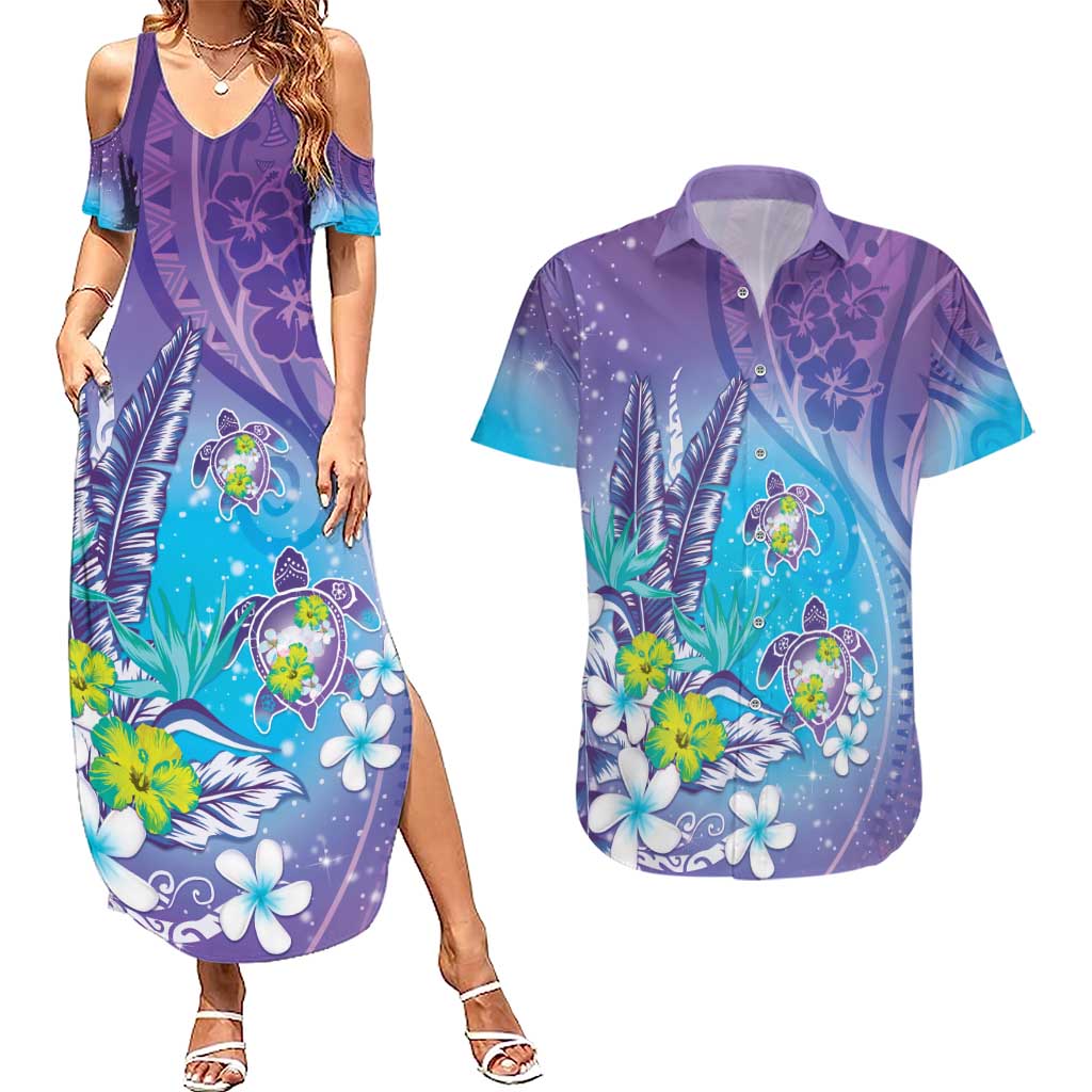 Hawaii Honu Couples Matching Summer Maxi Dress and Hawaiian Shirt - Tropical Flowers Purple Gradient LT05 Purple - Polynesian Pride