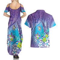 Hawaii Honu Couples Matching Summer Maxi Dress and Hawaiian Shirt - Tropical Flowers Purple Gradient LT05 - Polynesian Pride