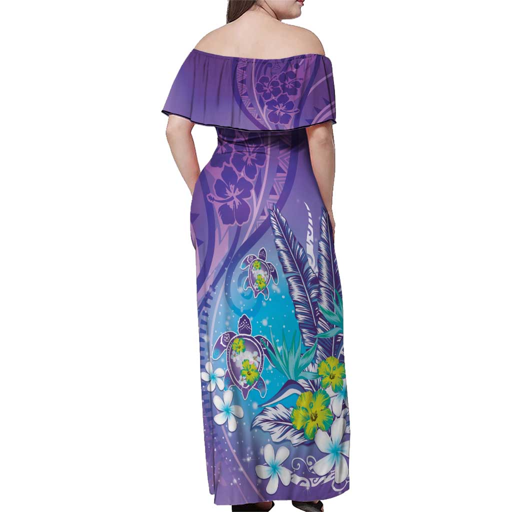 Hawaii Honu Family Matching Off Shoulder Maxi Dress and Hawaiian Shirt Tropical Flowers Purple Gradient