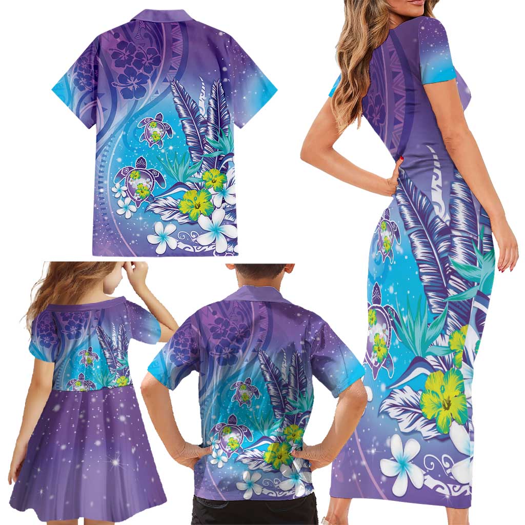Hawaii Honu Family Matching Short Sleeve Bodycon Dress and Hawaiian Shirt Tropical Flowers Purple Gradient