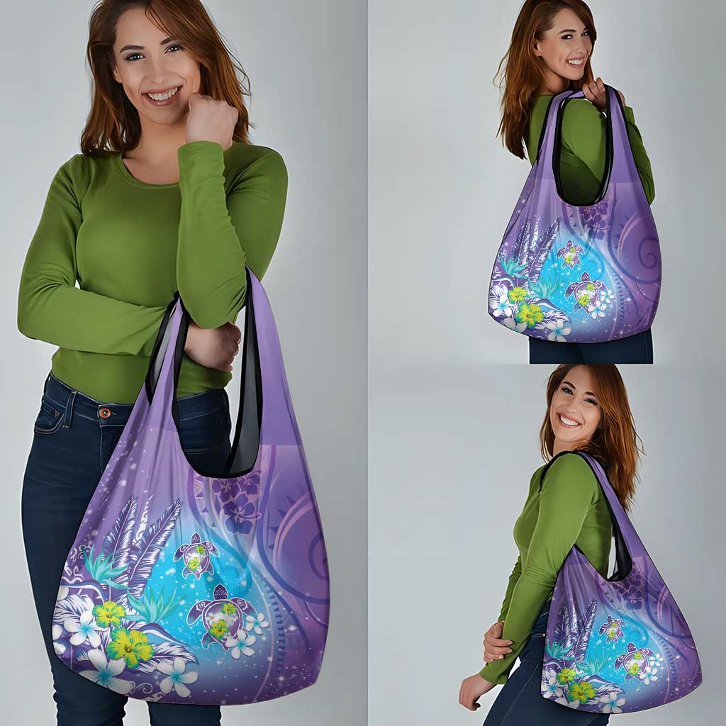 Hawaii Honu Grocery Bag Tropical Flowers Purple Gradient
