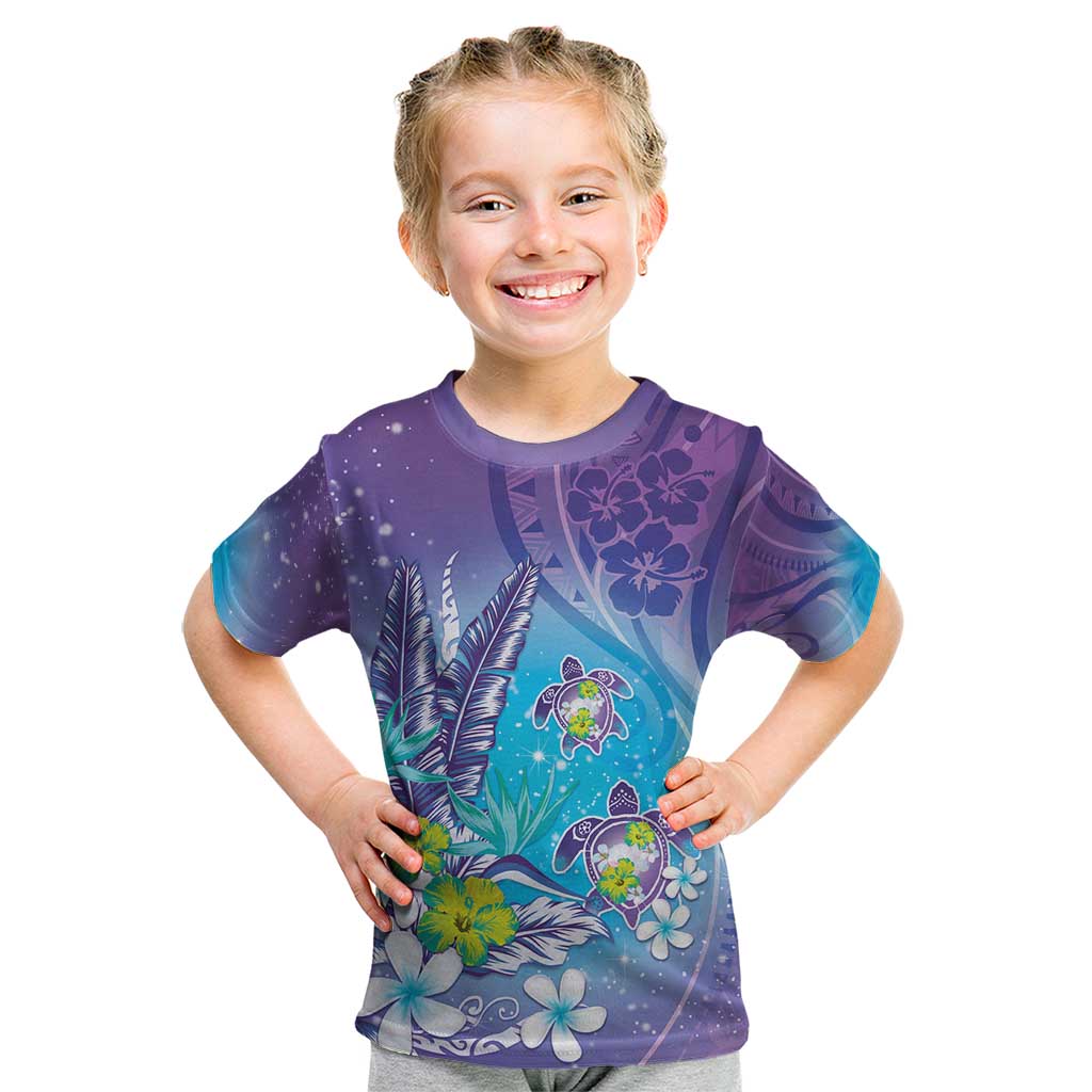 Hawaii Honu Kid T Shirt Tropical Flowers Purple Gradient LT05 Purple - Polynesian Pride