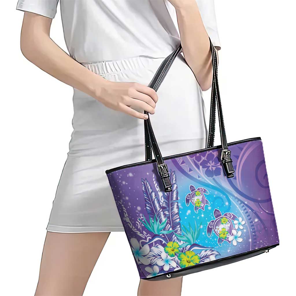 Hawaii Honu Leather Tote Bag Tropical Flowers Purple Gradient