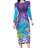 Hawaii Honu Long Sleeve Bodycon Dress Tropical Flowers Purple Gradient LT05 Long Dress Purple - Polynesian Pride