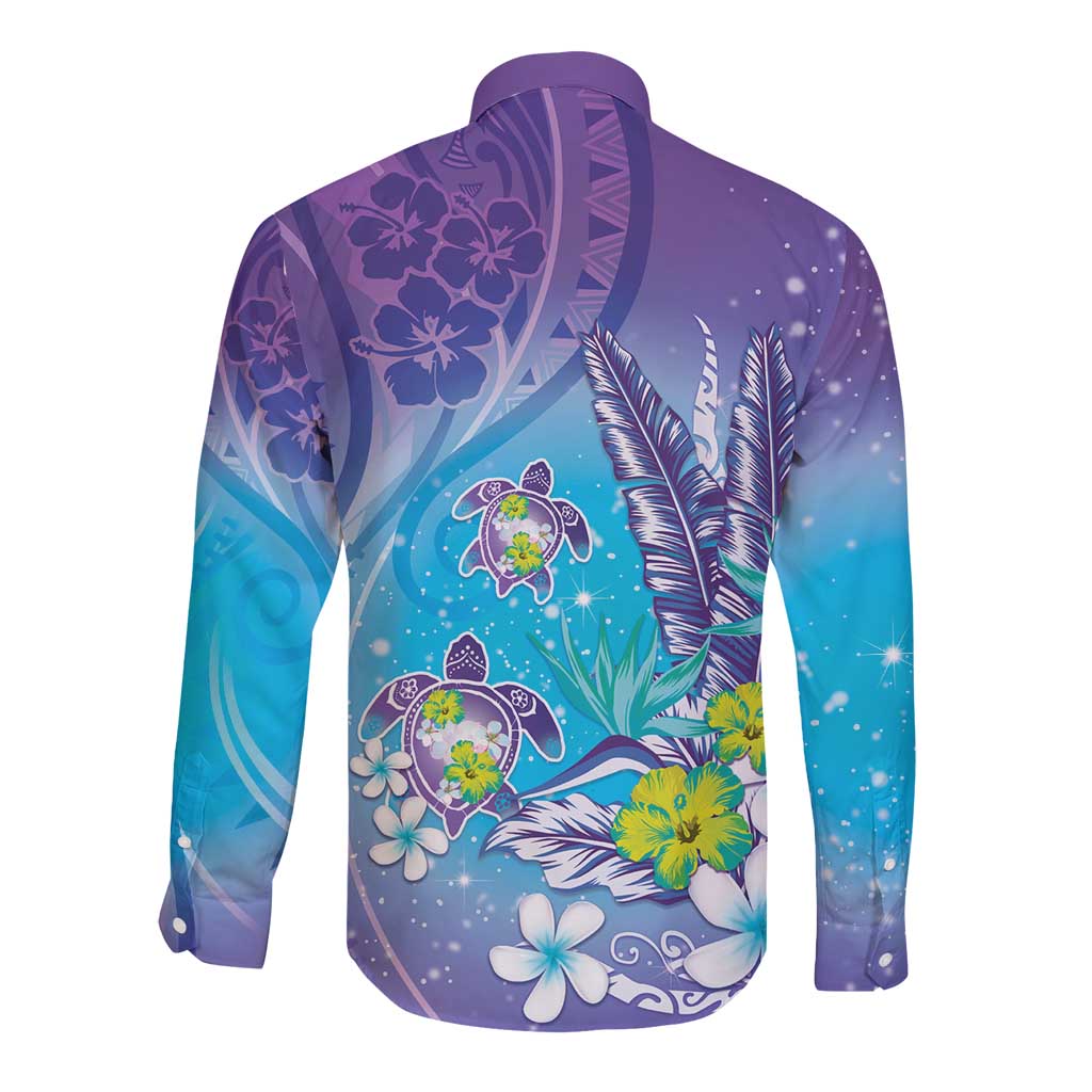 Hawaii Honu Long Sleeve Button Shirt Tropical Flowers Purple Gradient