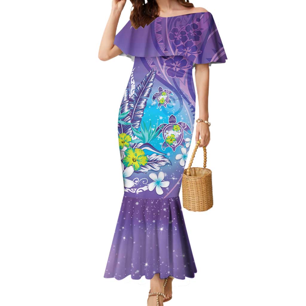 Hawaii Honu Mermaid Dress Tropical Flowers Purple Gradient LT05 Women Purple - Polynesian Pride