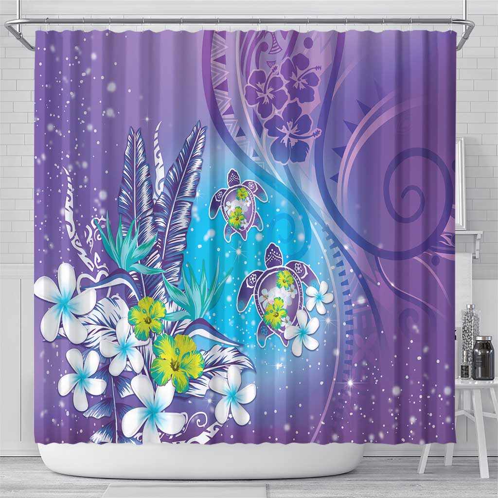 Hawaii Honu Shower Curtain Tropical Flowers Purple Gradient
