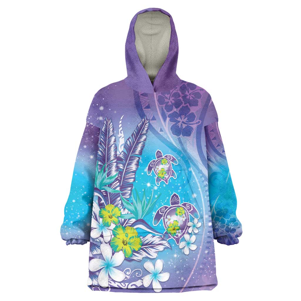 Hawaii Honu Wearable Blanket Hoodie Tropical Flowers Purple Gradient LT05 One Size Purple - Polynesian Pride