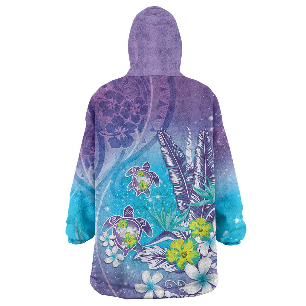 Hawaii Honu Wearable Blanket Hoodie Tropical Flowers Purple Gradient