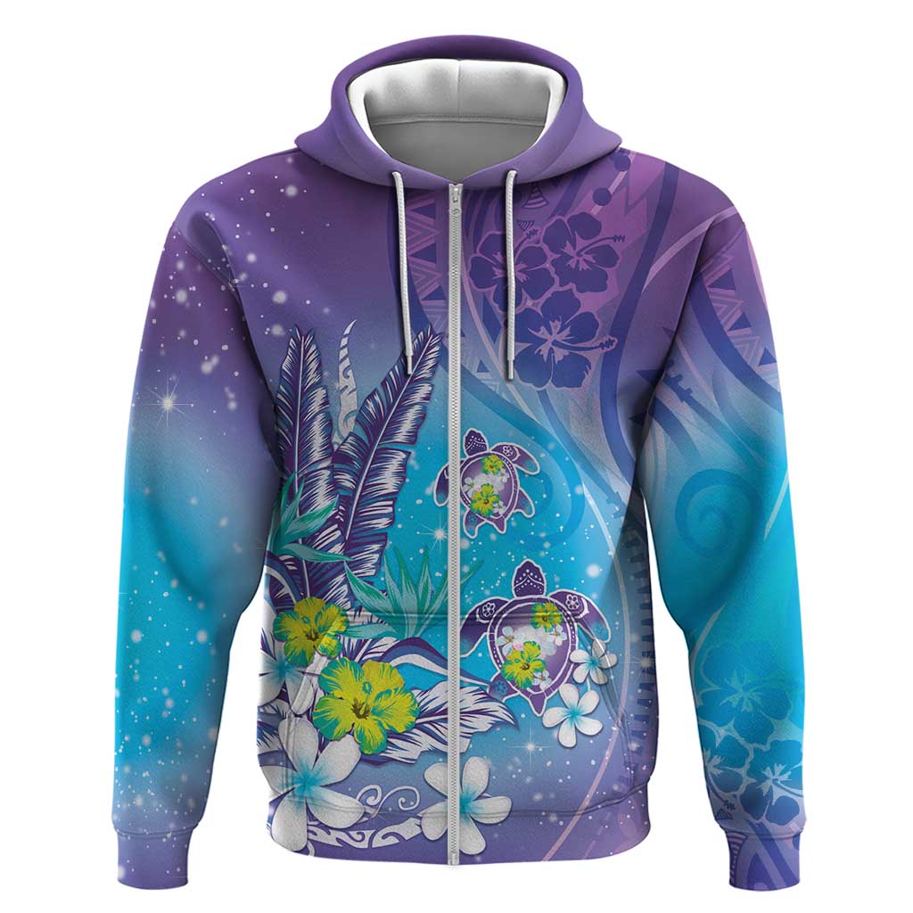 Hawaii Honu Zip Hoodie Tropical Flowers Purple Gradient LT05 Zip Hoodie Purple - Polynesian Pride