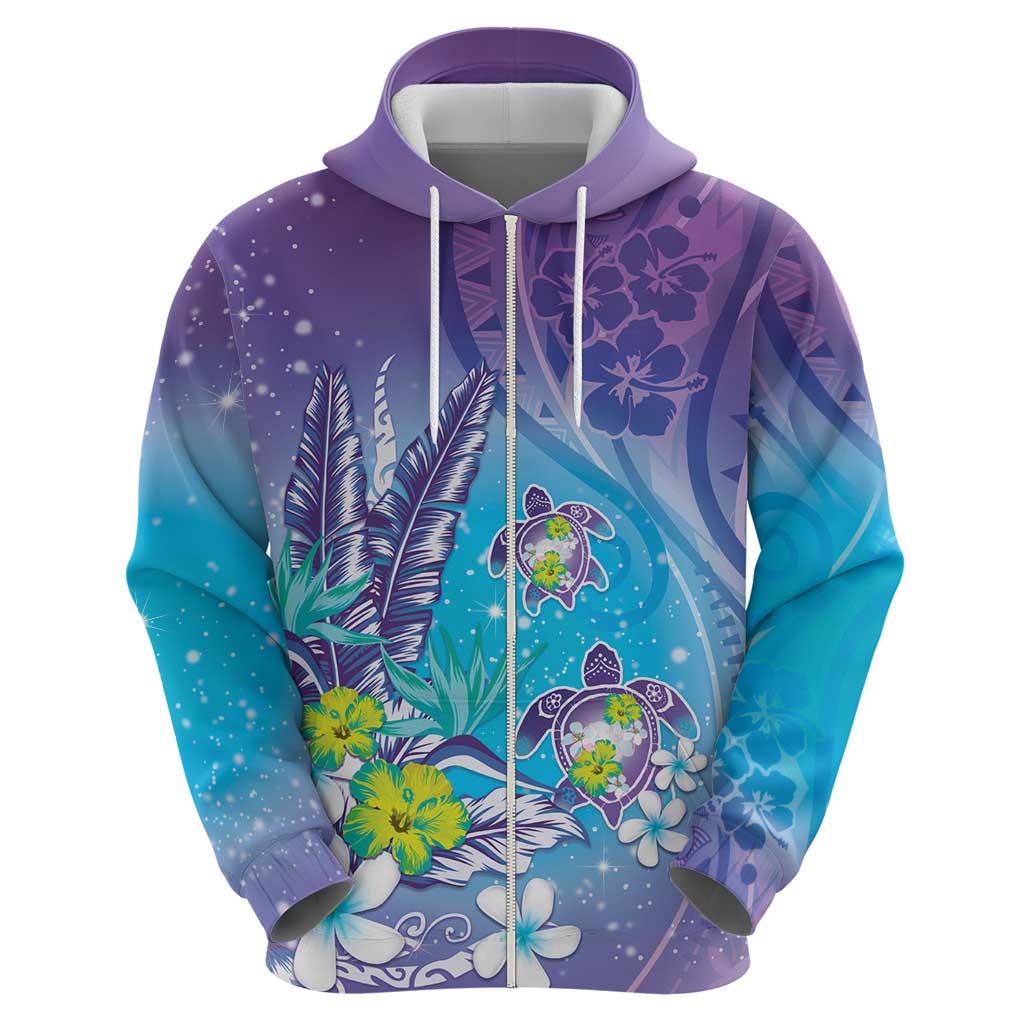 Hawaii Honu Zip Hoodie Tropical Flowers Purple Gradient
