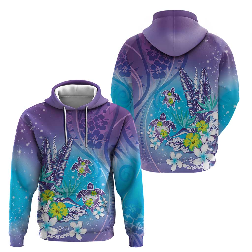 Hawaii Honu Zip Hoodie Tropical Flowers Purple Gradient