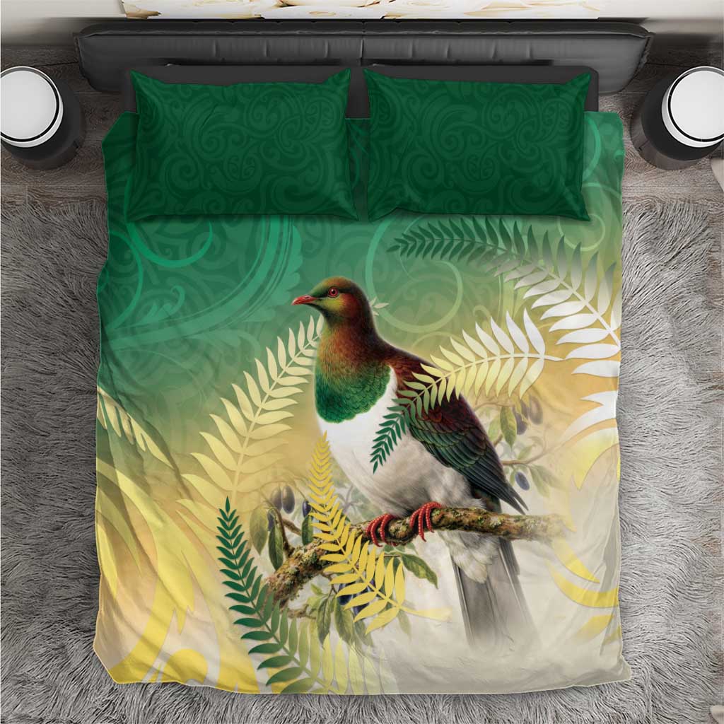 New Zealand Pigeon Kereru Bedding Set Maori Fern Art Green Gradient - Polynesian Pride