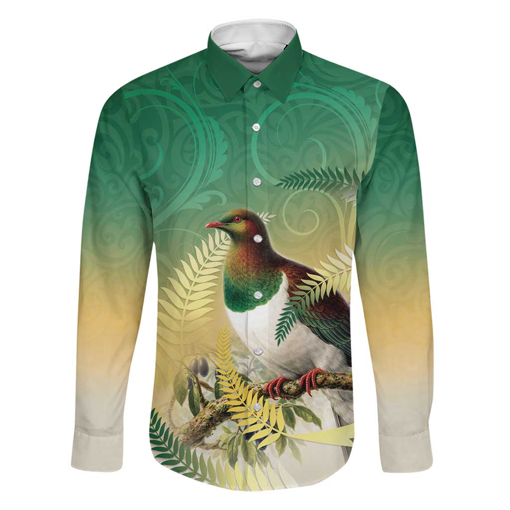 New Zealand Pigeon Kereru Family Matching Long Sleeve Bodycon Dress and Hawaiian Shirt Maori Fern Art Green Gradient LT05 Dad's Shirt - Long Sleeve Green - Polynesian Pride