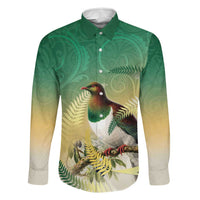 New Zealand Pigeon Kereru Family Matching Summer Maxi Dress and Hawaiian Shirt Maori Fern Art Green Gradient LT05 Dad's Shirt - Long Sleeve Green - Polynesian Pride
