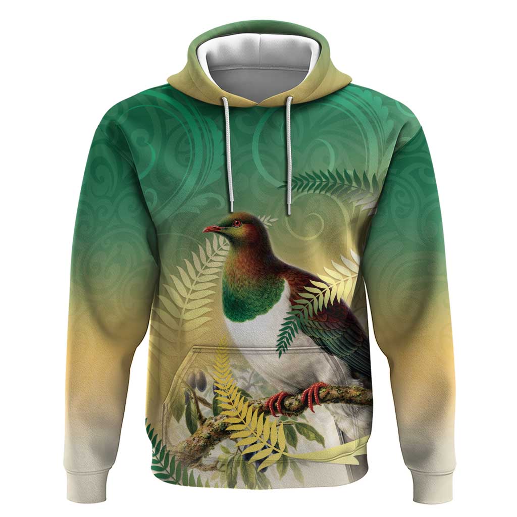 New Zealand Pigeon Kereru Hoodie Maori Fern Art Green Gradient - Polynesian Pride