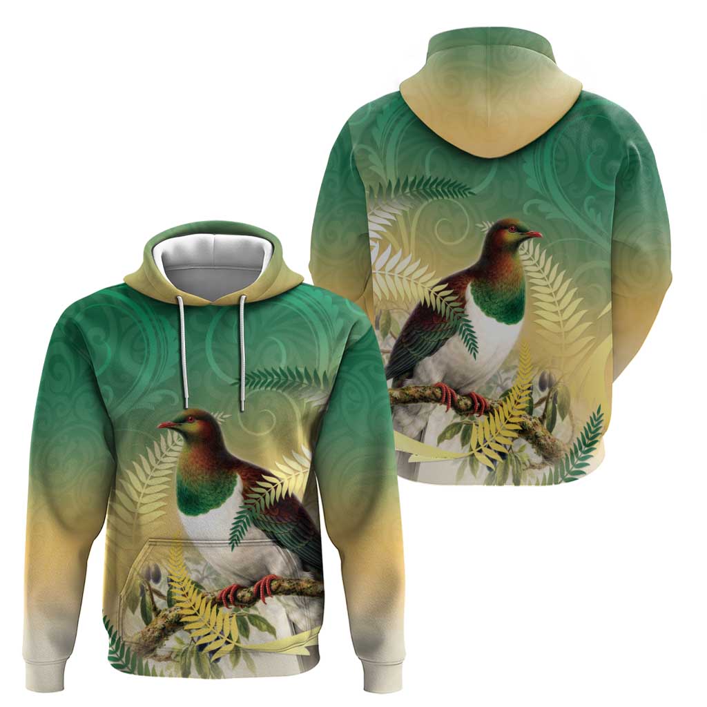 New Zealand Pigeon Kereru Hoodie Maori Fern Art Green Gradient - Polynesian Pride
