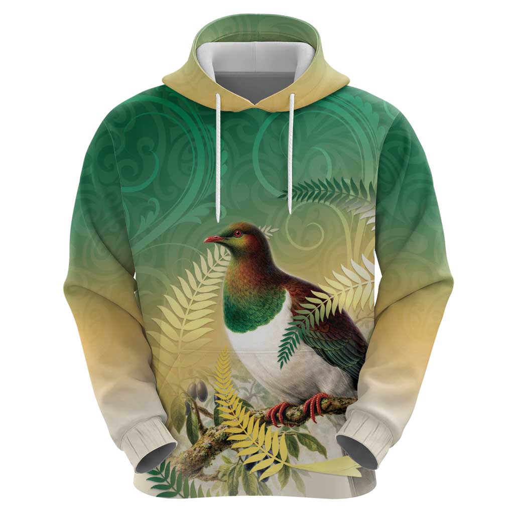 New Zealand Pigeon Kereru Hoodie Maori Fern Art Green Gradient - Polynesian Pride