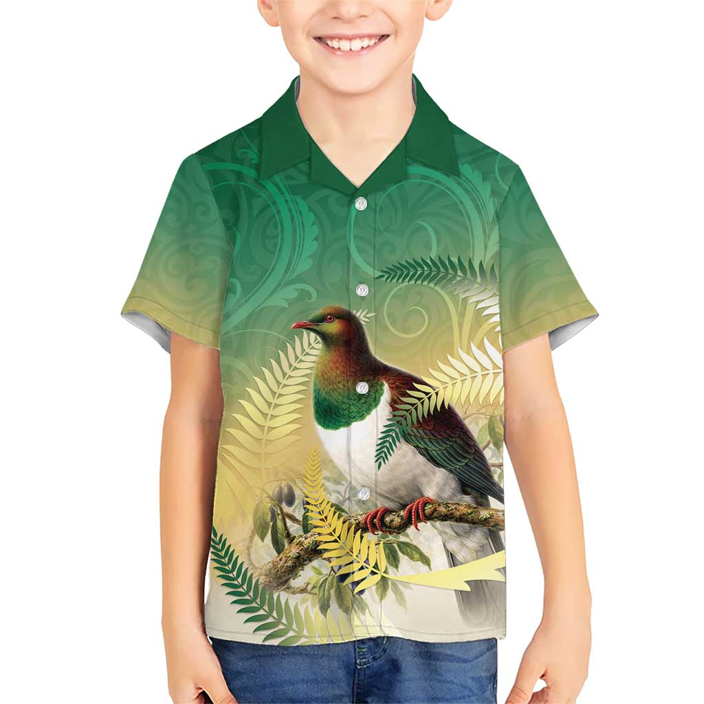 New Zealand Pigeon Kereru Kid Hawaiian Shirt Maori Fern Art Green Gradient - Polynesian Pride