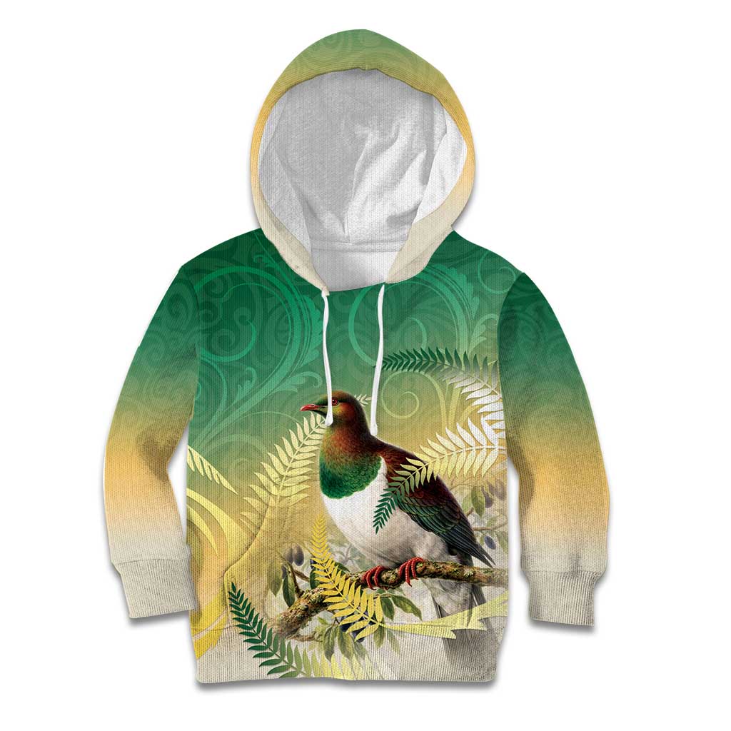 New Zealand Pigeon Kereru Kid Hoodie Maori Fern Art Green Gradient - Polynesian Pride