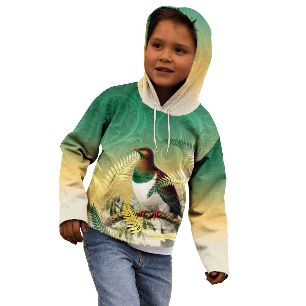 New Zealand Pigeon Kereru Kid Hoodie Maori Fern Art Green Gradient - Polynesian Pride