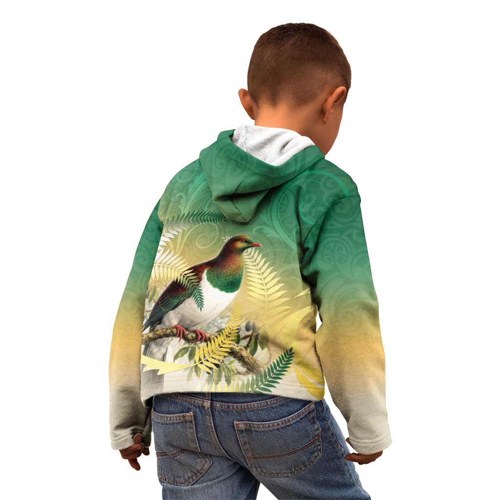 New Zealand Pigeon Kereru Kid Hoodie Maori Fern Art Green Gradient - Polynesian Pride