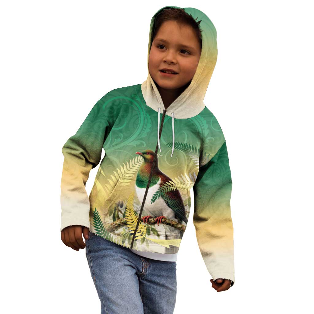 New Zealand Pigeon Kereru Kid Hoodie Maori Fern Art Green Gradient - Polynesian Pride